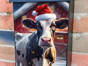 Farmhouse Cow in Santa Hat 2 Colonial Mailbox Cover