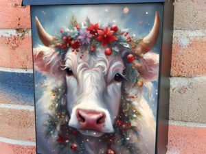 White Christmas Cow Colonial Mailbox Cover