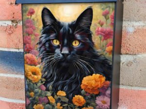 Black Maine Coon Cat and Flowers Colonial Mailbox Cover