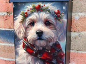 Festive White Christmas Dog Colonial Mailbox Cover