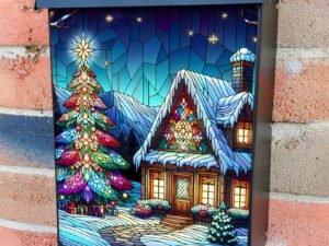 Stained Glass Christmas Cottage Colonial Mailbox Cover