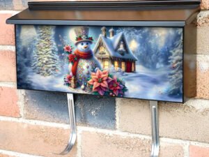 Snowman with Poinsettias and Lantern Townhouse Mailbox Cover