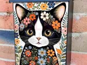 Folklore Black Cat with Flowers  Colonial Mailbox Cover