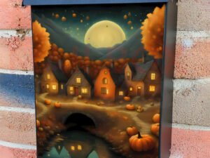 Prim Country Town by the River Colonial Mailbox Cover