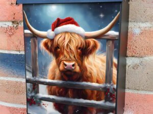 Highland Cow in Santa Hat Colonial Mailbox Cover