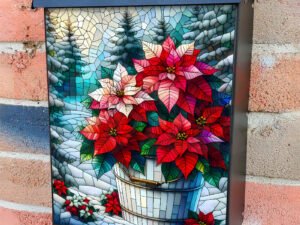 Stained Glass Christmas Poinsettias 2 Colonial Mailbox Cover