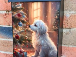 White Puppy and Christmas Tree Colonial Mailbox Cover