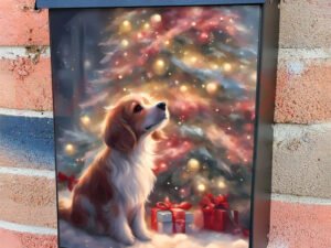 Puppy Sitting by the Christmas Tree Colonial Mailbox Cover