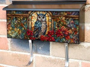 Stained Glass Poinsettias and Owl Townhouse Mailbox Cover