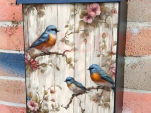 Little Birds on Wood Background Colonial Mailbox Cover
