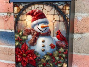 Stained Glass Snowman and Cardinal Colonial Mailbox Cover