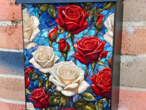 Stained Glass White and Red Roses Colonial Mailbox Cover