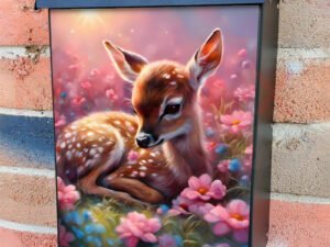 Little Fawn in Pink Flowers Colonial Mailbox Cover