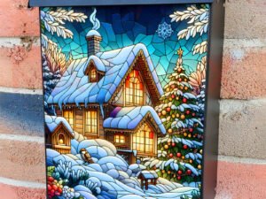Stained Glass Snowy Cottage Colonial Mailbox Cover