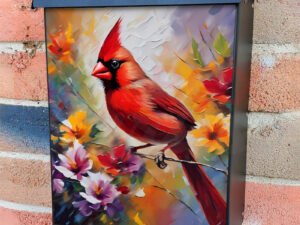 Cardinal on Colorful Flowers Colonial Mailbox Cover
