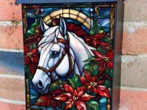 Stained Glass White Christmas Horse Colonial Mailbox Cover