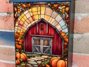 Stained Glass Barn and Pumpkins Colonial Mailbox Cover