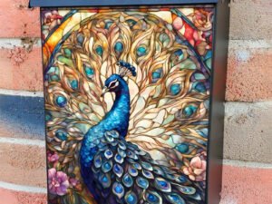 Stained Glass Peacock and Roses Colonial Mailbox Cover