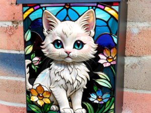 Stained Glass White Kitten Colonial Mailbox Cover