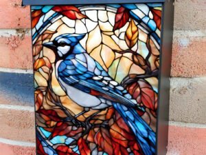 Stained Glass Autumn Blue Jay Colonial Mailbox Cover