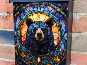 Stained Glass Bear Portrait Colonial Mailbox Cover