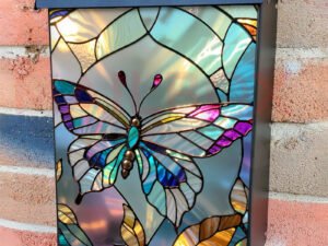 Pretty Stained Glass Butterfly Colonial Mailbox Cover