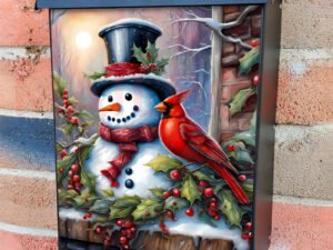 Sweet Christmas Snowman and Cardinal Colonial Mailbox Cover