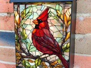 Stained Glass Woodland Cardinal Colonial Mailbox Cover