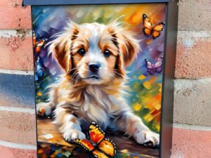 Fluffy Puppy and Butterflies Colonial Mailbox Cover