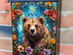 Lovely Stained Glass Bear Colonial Mailbox Cover