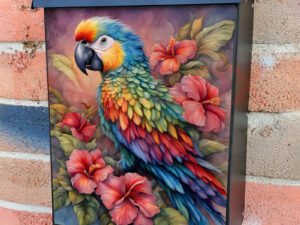 Beautiful Parrot and Hibiscus Flowers Colonial Mailbox Cover