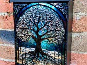 Stained Glass Winter Tree 2 Colonial Mailbox Cover