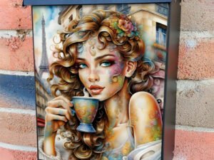 Girl Drinking Coffee in Paris Colonial Mailbox Cover