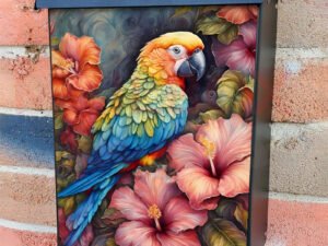 Pretty Parrot and Hibiscus Flowers Colonial Mailbox Cover