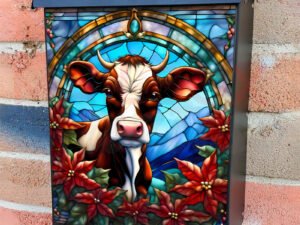 Stained Glass Brown Christmas Cow Colonial Mailbox Cover