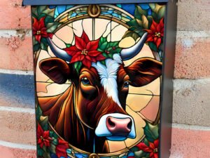 Stained Glass Brown Cow Portrait Colonial Mailbox Cover