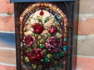 Stained Glass Roses at the Gate Colonial Mailbox Cover