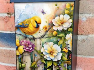 Little Yellow Bird on the Fence Colonial Mailbox Cover