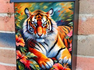 Relaxing Tiger and Hibiscus Flowers Colonial Mailbox Cover