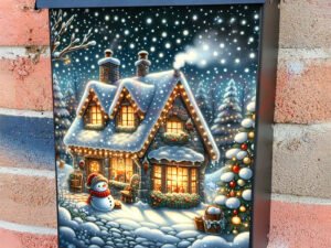 Snowman at the Snowy Cottage Colonial Mailbox Cover