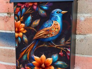 Blue Folk Bird and Flowers Colonial Mailbox Cover