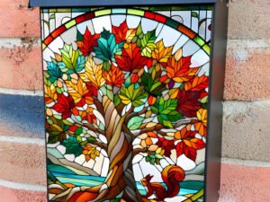 Stained Glass Tree and Squirrel Colonial Mailbox Cover