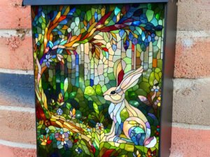 Stained Glass Rabbit in the Forest Colonial Mailbox Cover
