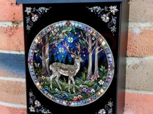 Stained Glass White Deer Colonial Mailbox Cover