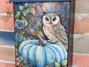 Whimsical Owl on a Blue Pumpkin Colonial Mailbox Cover