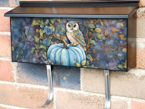Whimsical Owl on a Blue Pumpkin Townhouse Mailbox Cover