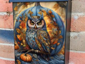 Owl and the Large Blue Pumpkin Colonial Mailbox Cover