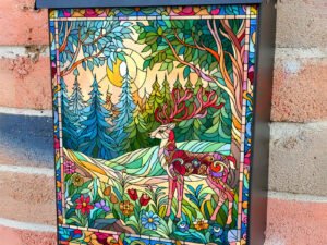Stained Glass Deer in the Meadow Colonial Mailbox Cover