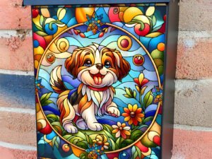 Stained Glass Summer Puppy 2 Colonial Mailbox Cover
