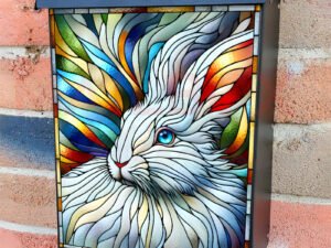 Stained Glass White Rabbit Colonial Mailbox Cover